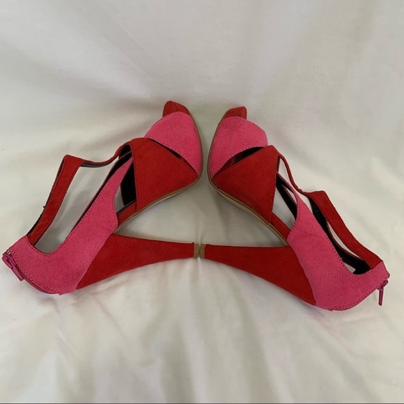 Liliana Red suede red pink straps hidden platform heel sandals duo tone peep toe - Picture 3 of 16